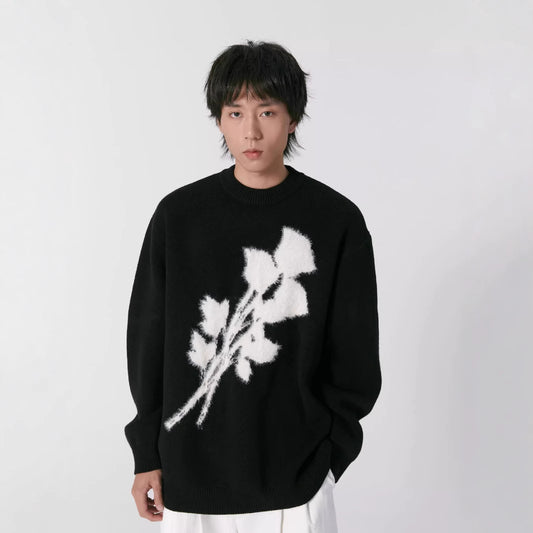 Men’s Korean-Style Jacquard Rose Sweater – Loose Fit Pullover with Mink Fur Texture