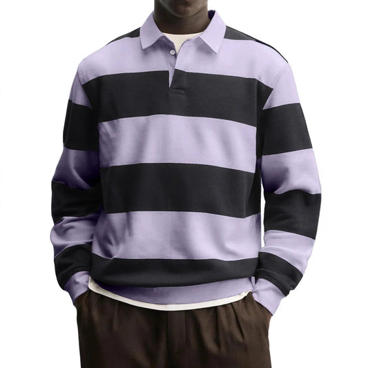 Men’s Loose-Fit Long Sleeve Striped T-Shirt – Casual Polyester Pullover