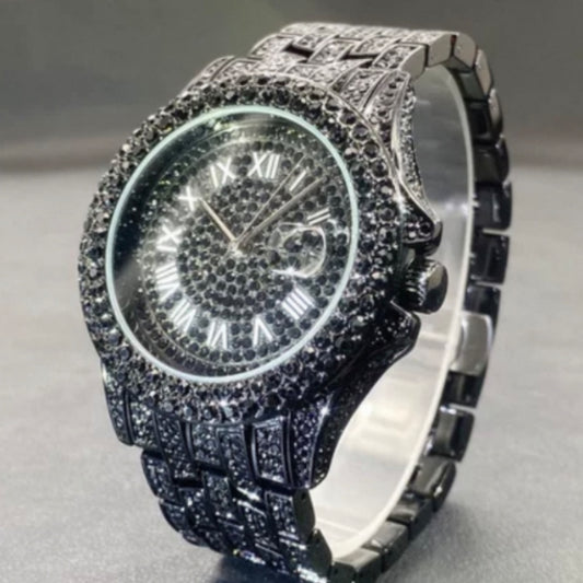 Men’s Luxury Zircon Quartz Watch – Full Diamond Circular Calendar Timepiece