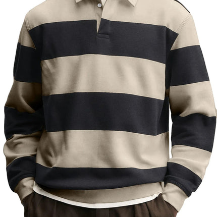Men’s Loose-Fit Long Sleeve Striped T-Shirt – Casual Polyester Pullover