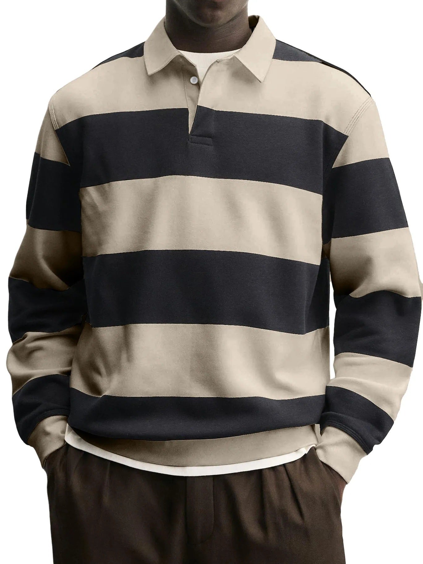 Men’s Loose-Fit Long Sleeve Striped T-Shirt – Casual Polyester Pullover