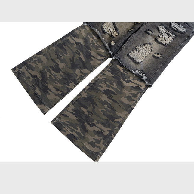 Camouflage Stitching Micro-pull Wide Leg Ripped Ripped Jeans