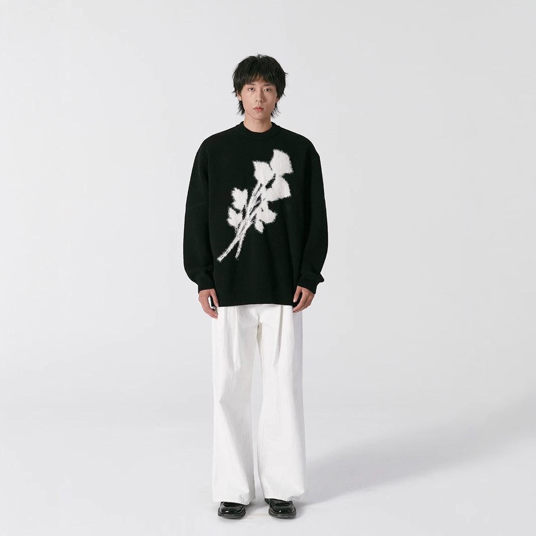 Men’s Korean-Style Jacquard Rose Sweater – Loose Fit Pullover with Mink Fur Texture