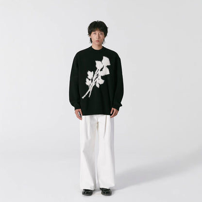 Men’s Korean-Style Jacquard Rose Sweater – Loose Fit Pullover with Mink Fur Texture