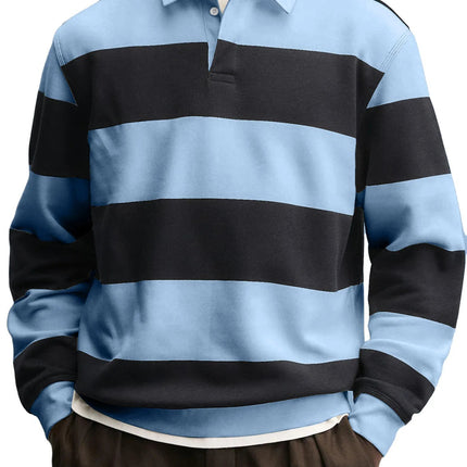 Men’s Loose-Fit Long Sleeve Striped T-Shirt – Casual Polyester Pullover