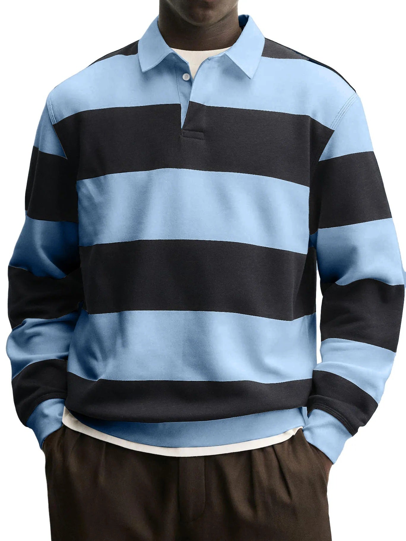 Men’s Loose-Fit Long Sleeve Striped T-Shirt – Casual Polyester Pullover
