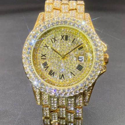 Men’s Luxury Zircon Quartz Watch – Full Diamond Circular Calendar Timepiece