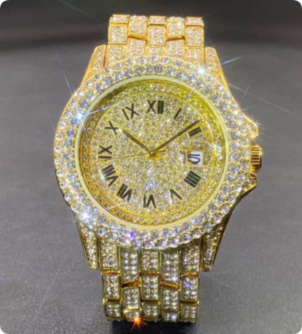 Men’s Luxury Zircon Quartz Watch – Full Diamond Circular Calendar Timepiece