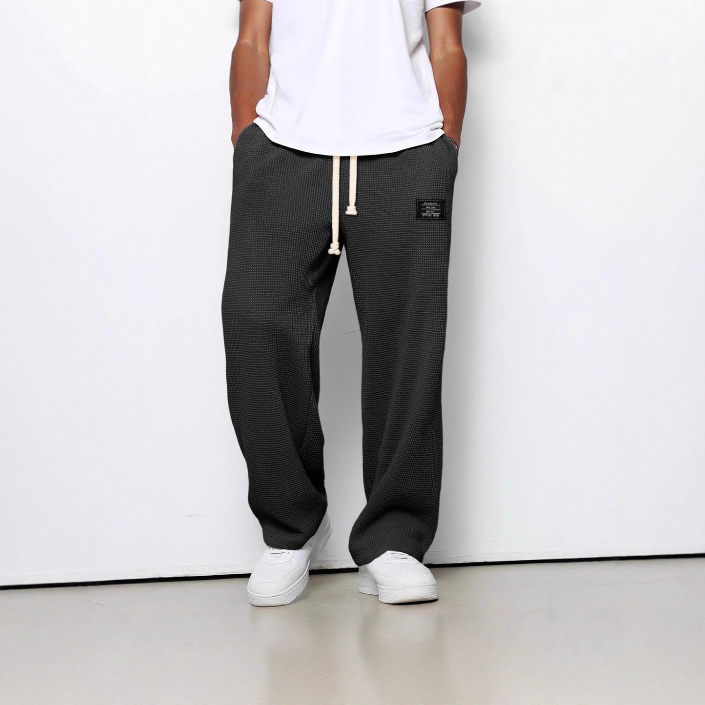 Men’s Loose-Fit Waffle Straight Pants with Drawstring Pockets