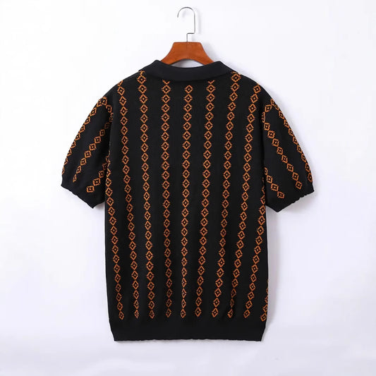 Men’s Knitted Jacquard Polo Shirt – Striped Lapel Half Sleeve T-Shirt