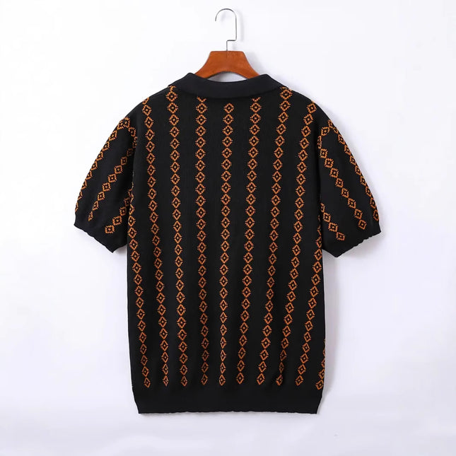 Men’s Knitted Jacquard Polo Shirt – Striped Lapel Half Sleeve T-Shirt