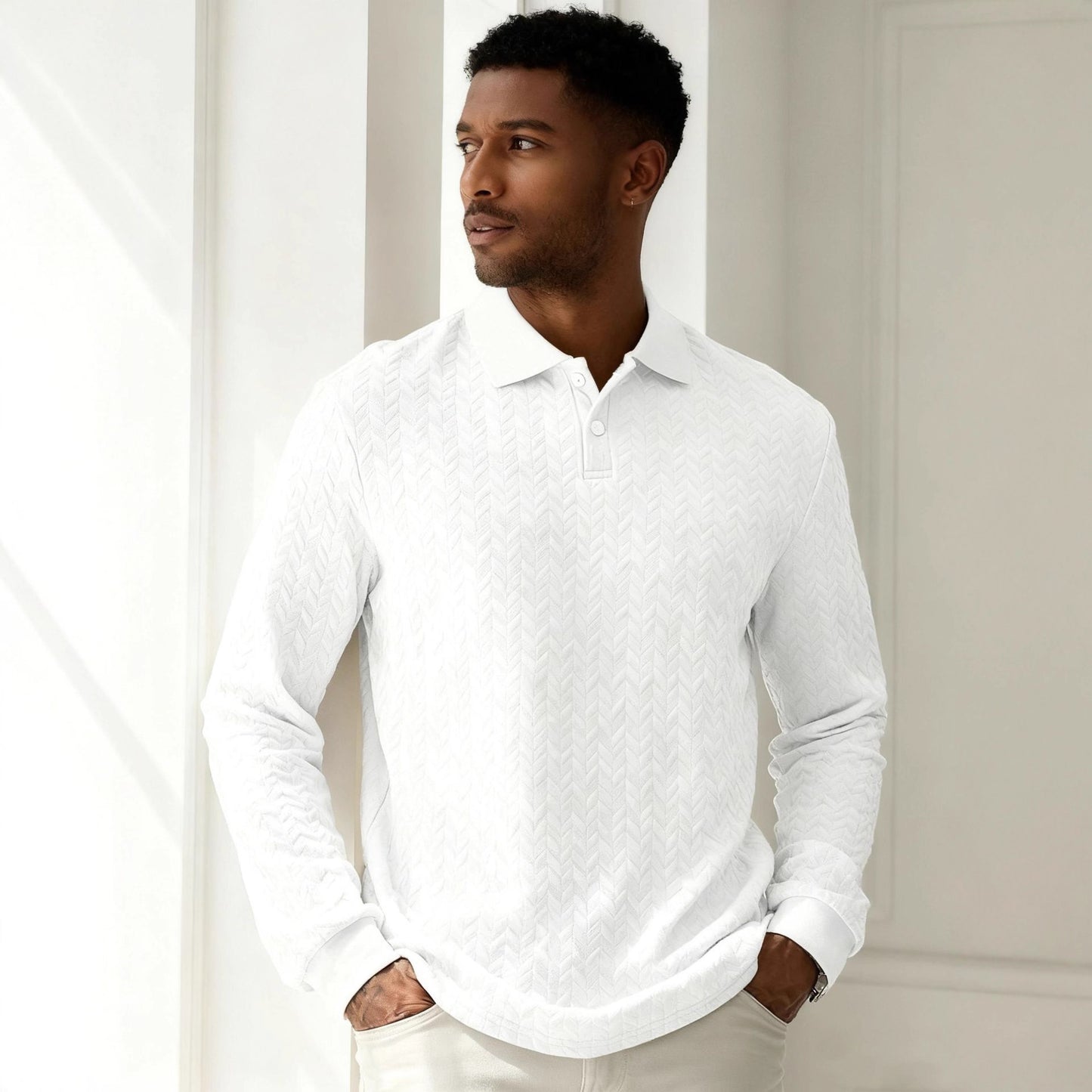 Men’s Solid Color Lapel Button-Front Long Sleeve Top