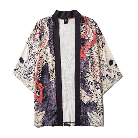 Men’s Skull Print Loose Fit Three-Quarter Sleeve Shirt – Casual Stand Collar Top