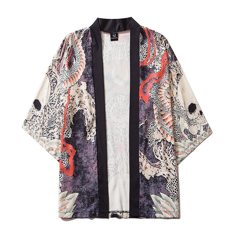 Men’s Skull Print Loose Fit Three-Quarter Sleeve Shirt – Casual Stand Collar Top