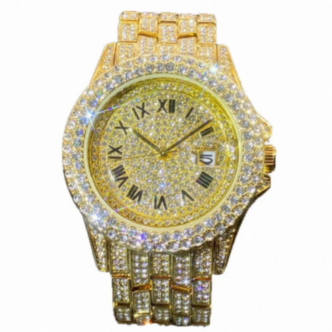 Men’s Luxury Zircon Quartz Watch – Full Diamond Circular Calendar Timepiece