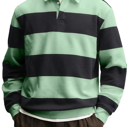 Men’s Loose-Fit Long Sleeve Striped T-Shirt – Casual Polyester Pullover