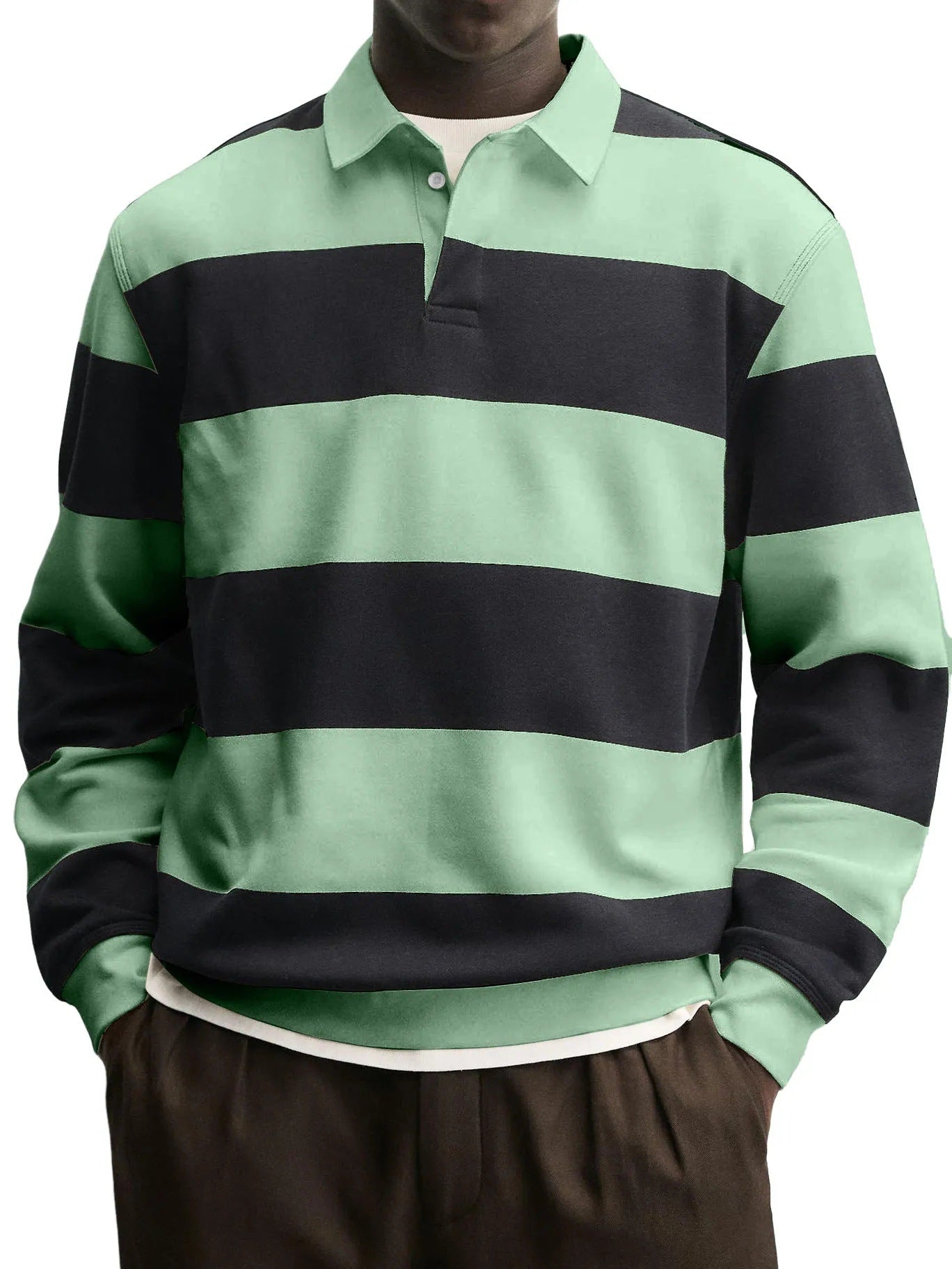 Men’s Loose-Fit Long Sleeve Striped T-Shirt – Casual Polyester Pullover