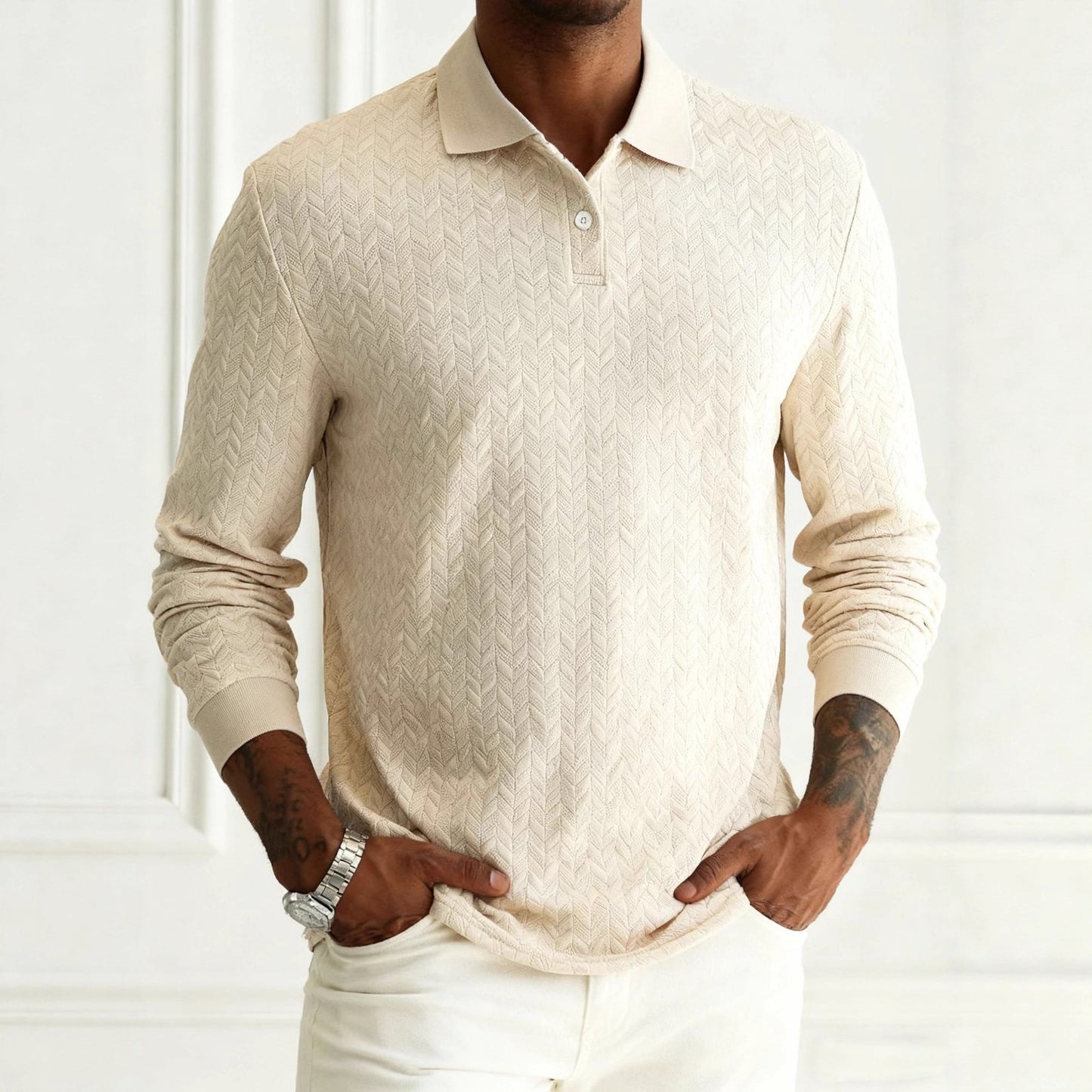 Men’s Solid Color Lapel Button-Front Long Sleeve Top