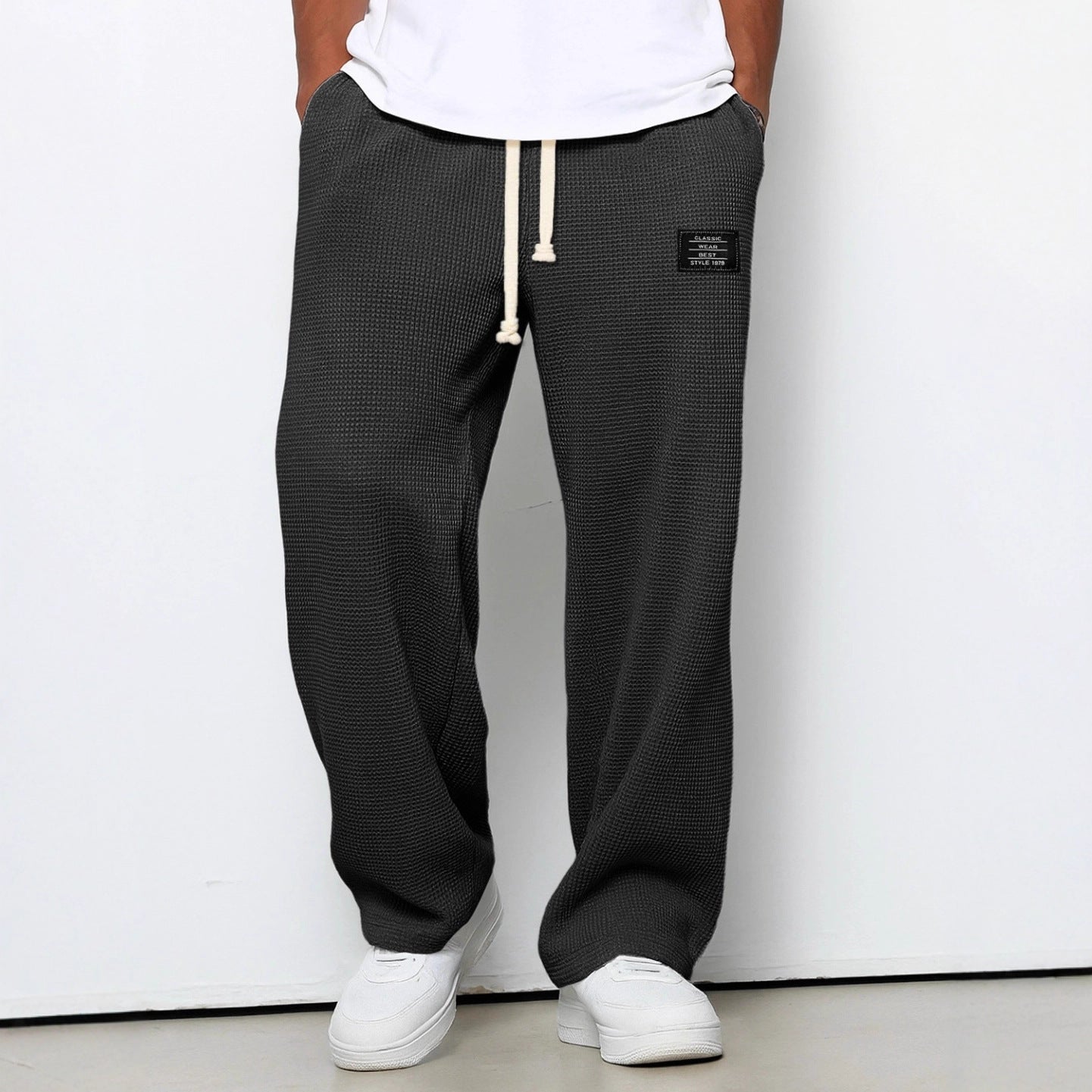 Men’s Loose-Fit Waffle Straight Pants with Drawstring Pockets