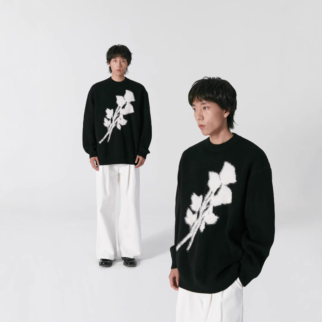 Men’s Korean-Style Jacquard Rose Sweater – Loose Fit Pullover with Mink Fur Texture