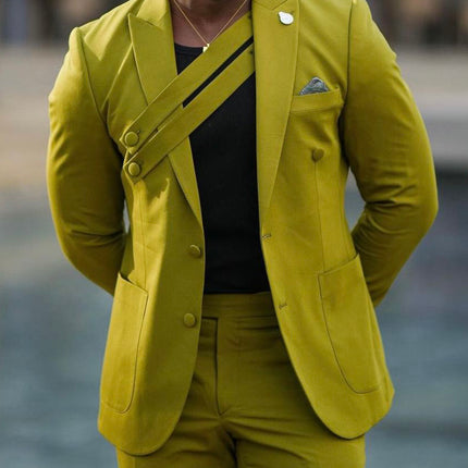 Olive Green Suit With Asymmetric Strap Detail And Tailored Fit
