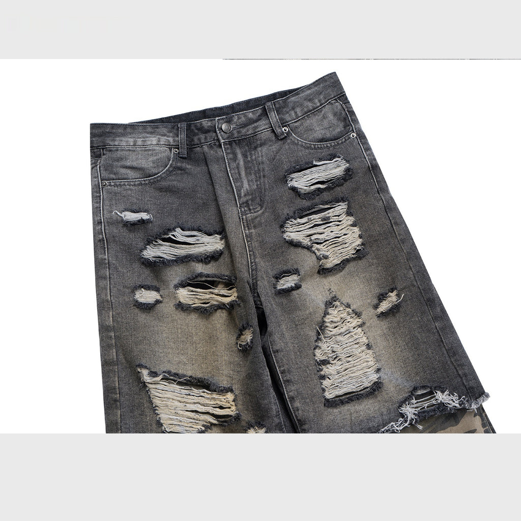 Camouflage Stitching Micro-pull Wide Leg Ripped Ripped Jeans