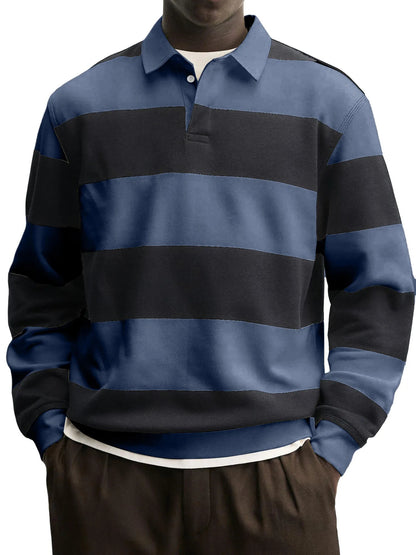 Men’s Loose-Fit Long Sleeve Striped T-Shirt – Casual Polyester Pullover