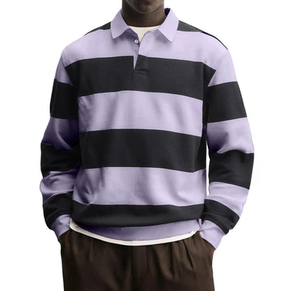 Men’s Loose-Fit Long Sleeve Striped T-Shirt – Casual Polyester Pullover
