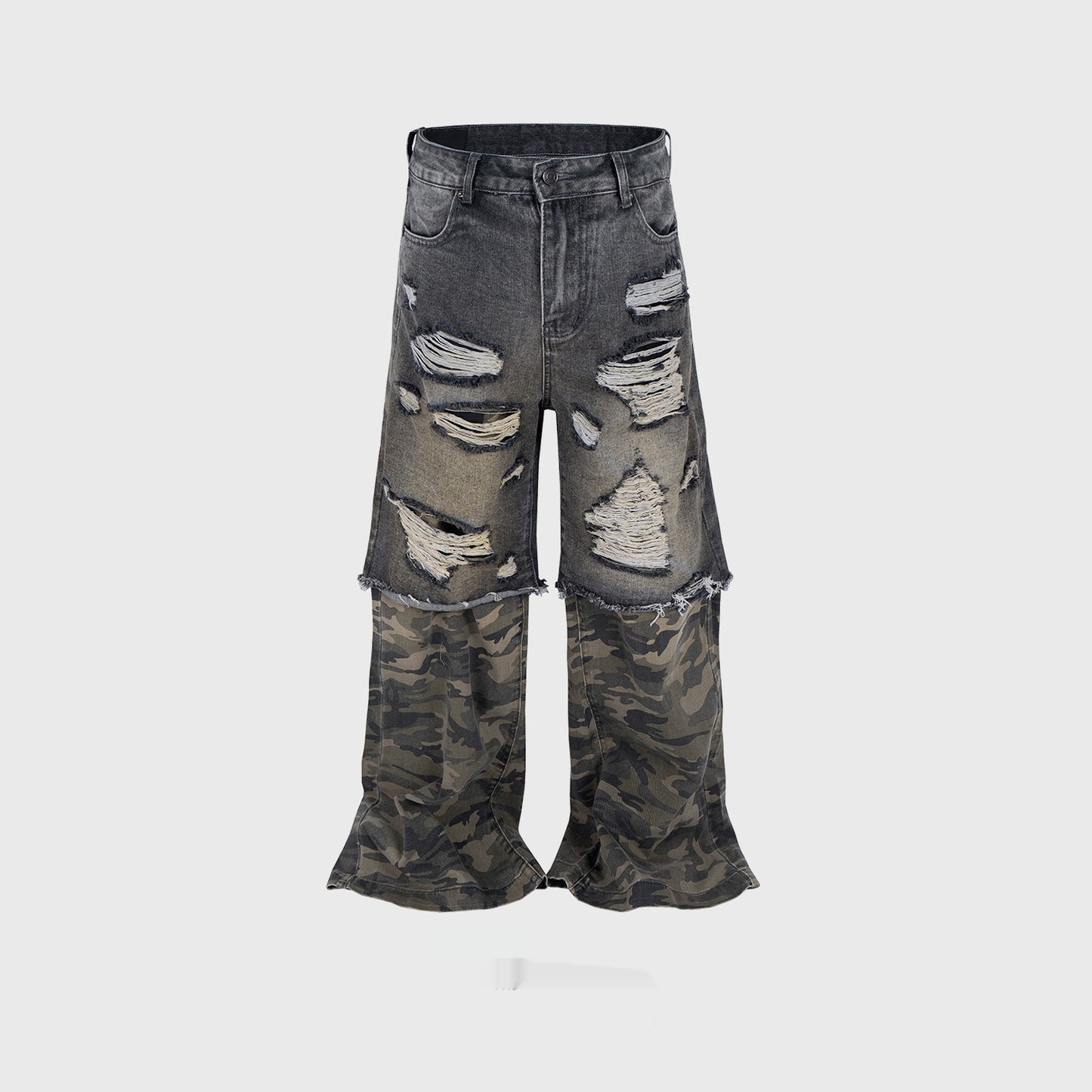 Camouflage Stitching Micro-pull Wide Leg Ripped Ripped Jeans
