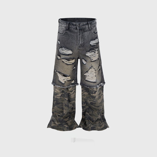 Camouflage Stitching Micro-pull Wide Leg Ripped Ripped Jeans