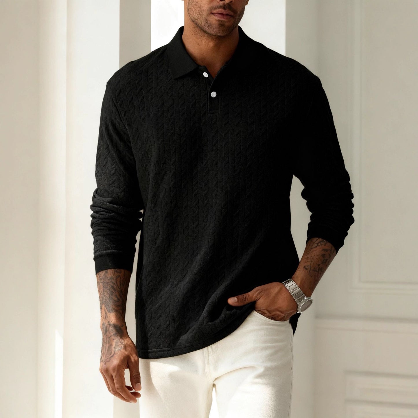 Men’s Solid Color Lapel Button-Front Long Sleeve Top
