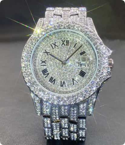 Men’s Luxury Zircon Quartz Watch – Full Diamond Circular Calendar Timepiece