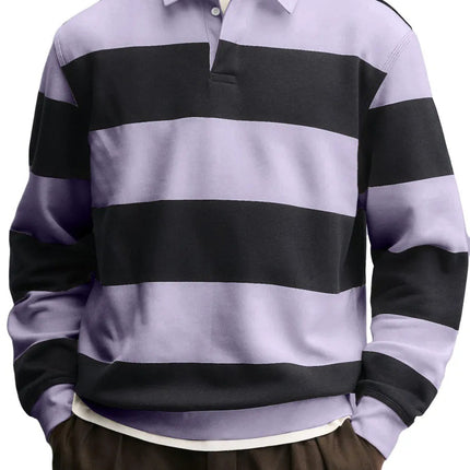 Men’s Loose-Fit Long Sleeve Striped T-Shirt – Casual Polyester Pullover