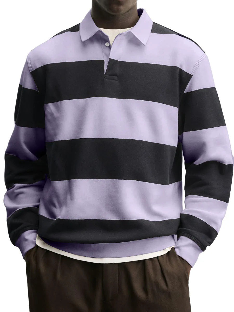 Men’s Loose-Fit Long Sleeve Striped T-Shirt – Casual Polyester Pullover