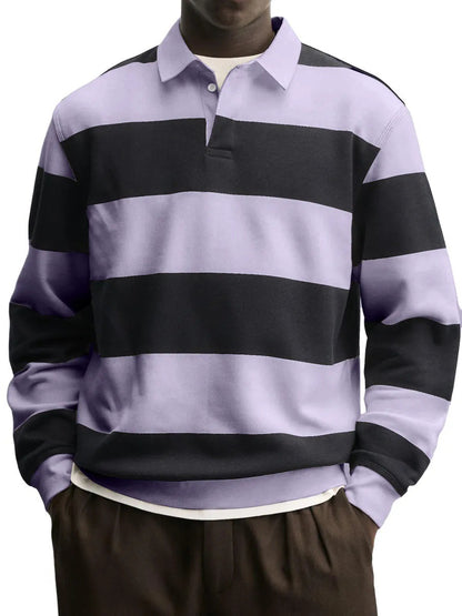 Men’s Loose-Fit Long Sleeve Striped T-Shirt – Casual Polyester Pullover