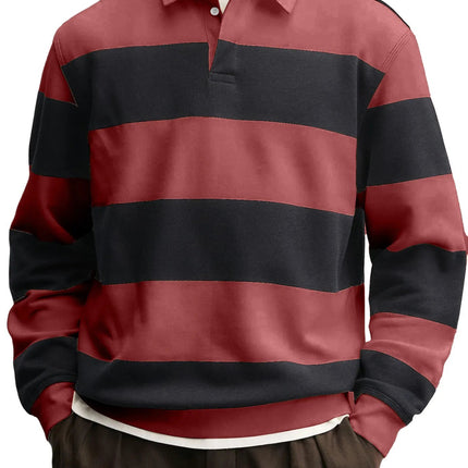 Men’s Loose-Fit Long Sleeve Striped T-Shirt – Casual Polyester Pullover