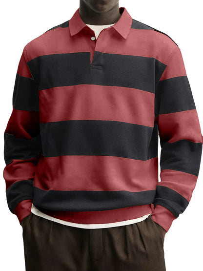 Men’s Loose-Fit Long Sleeve Striped T-Shirt – Casual Polyester Pullover