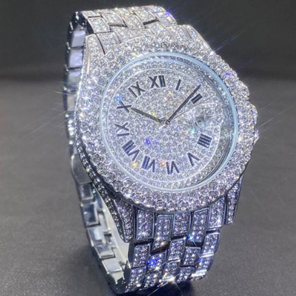 Men’s Luxury Zircon Quartz Watch – Full Diamond Circular Calendar Timepiece