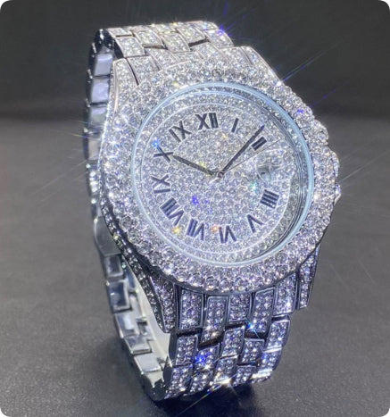 Men’s Luxury Zircon Quartz Watch – Full Diamond Circular Calendar Timepiece