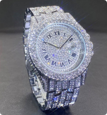 Men’s Luxury Zircon Quartz Watch – Full Diamond Circular Calendar Timepiece