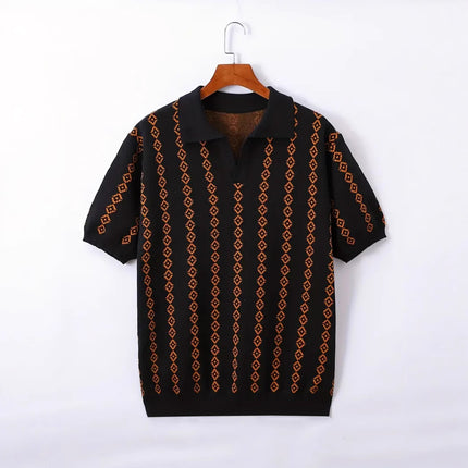 Men’s Knitted Jacquard Polo Shirt – Striped Lapel Half Sleeve T-Shirt