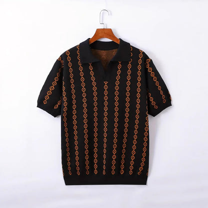 Men’s Knitted Jacquard Polo Shirt – Striped Lapel Half Sleeve T-Shirt