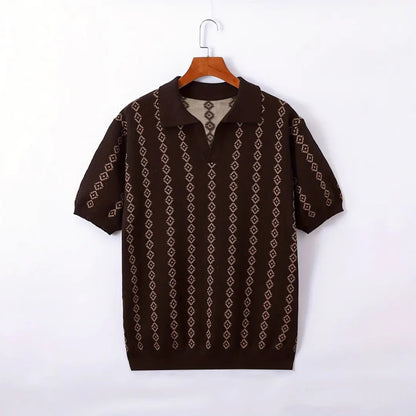 Men’s Knitted Jacquard Polo Shirt – Striped Lapel Half Sleeve T-Shirt