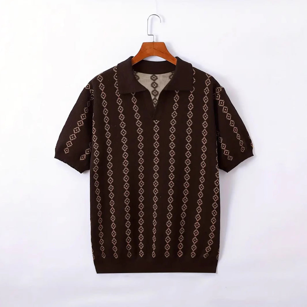 Men’s Knitted Jacquard Polo Shirt – Striped Lapel Half Sleeve T-Shirt