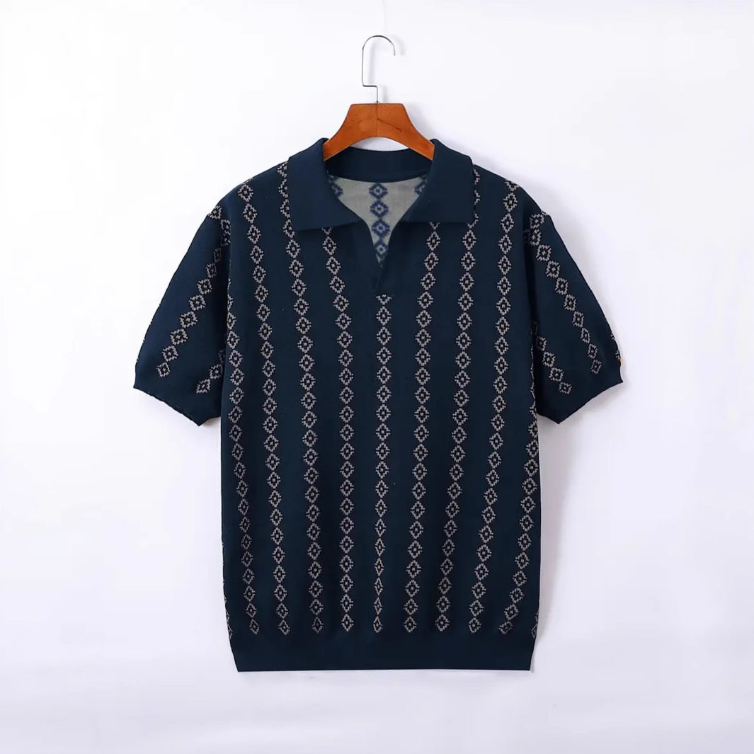 Men’s Knitted Jacquard Polo Shirt – Striped Lapel Half Sleeve T-Shirt