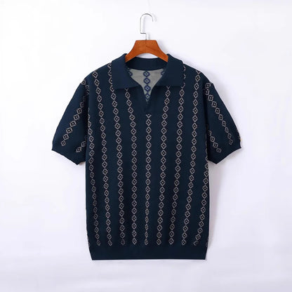 Men’s Knitted Jacquard Polo Shirt – Striped Lapel Half Sleeve T-Shirt