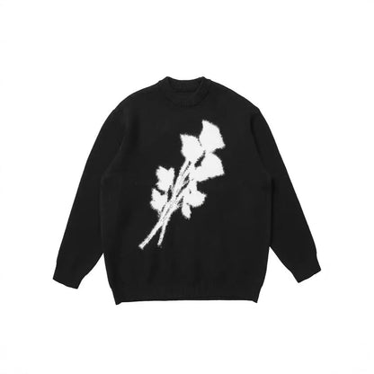 Men’s Korean-Style Jacquard Rose Sweater – Loose Fit Pullover with Mink Fur Texture