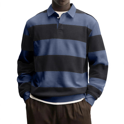 Men’s Loose-Fit Long Sleeve Striped T-Shirt – Casual Polyester Pullover