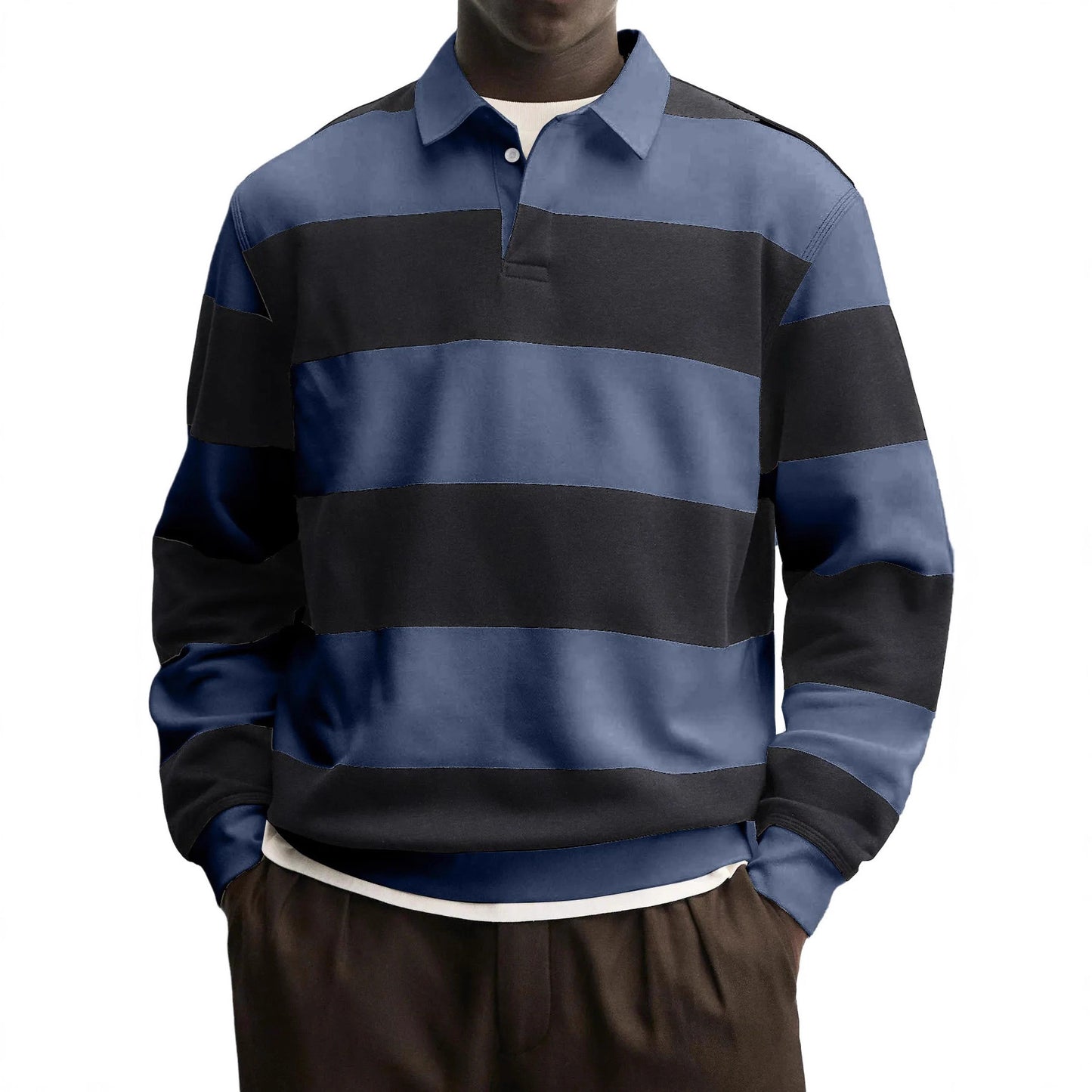 Men’s Loose-Fit Long Sleeve Striped T-Shirt – Casual Polyester Pullover