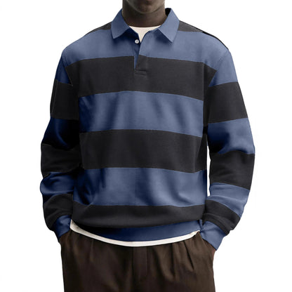 Men’s Loose-Fit Long Sleeve Striped T-Shirt – Casual Polyester Pullover